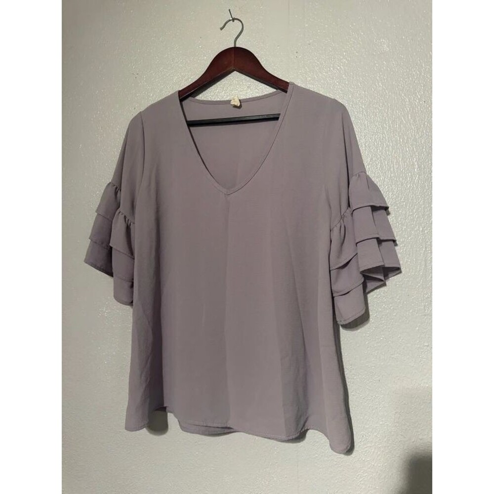 Tyche Dusty Lilac Lavender V-Neck Tiered Ruffle Sleeve Blouse Top Medium M